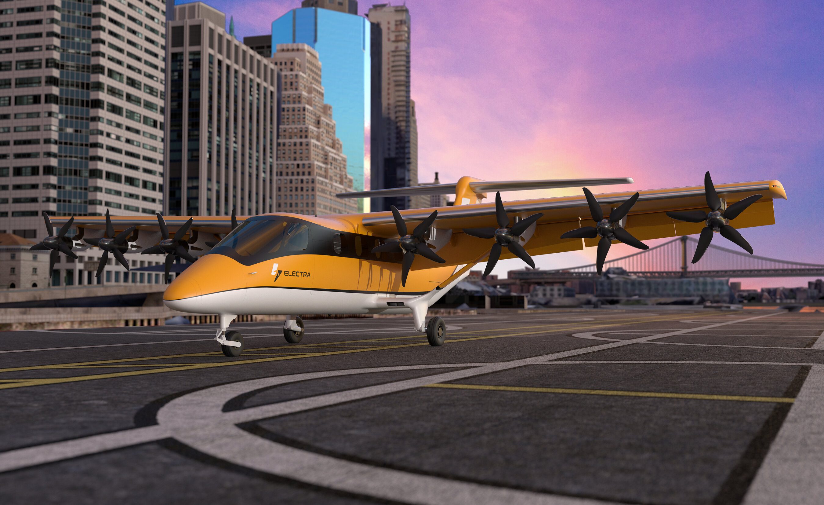 Electra EL9 Ultra Short hybrid-electric aircraft render flying over Manhattan