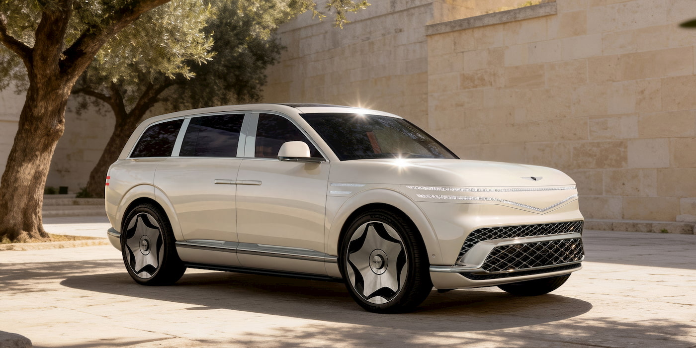 Genesis GV90 Neolun with hidden B-pillar coach doors fully open at San Francisco debut 2026