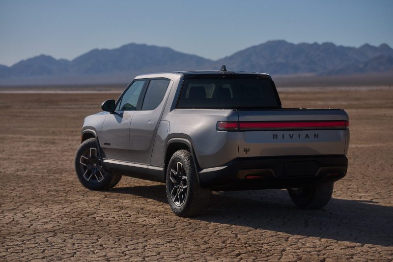 2027 Rivian R1T in Esker Silver in a desert setting