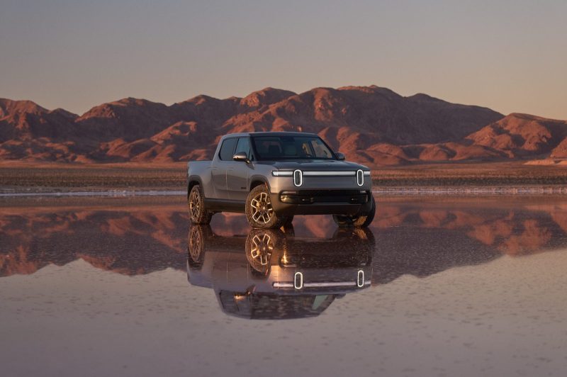 2027 Rivian R1T in the new Esker Silver paint on a salt flat