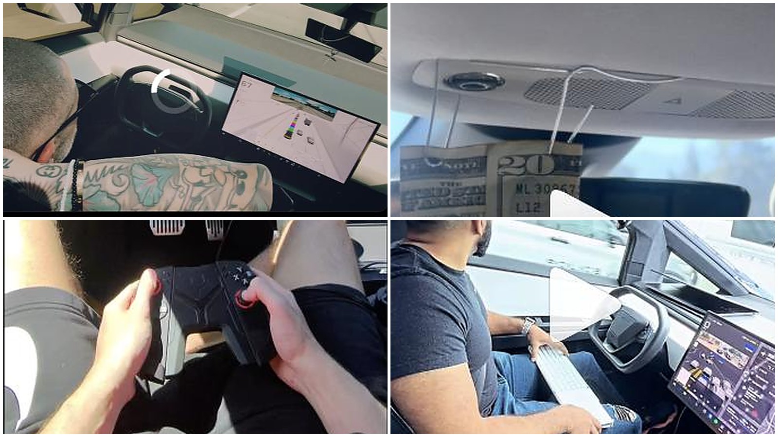 Tesla drivers sleeping at the wheel, hanging a $20 bill over the cabin camera, gaming with a controller, and working on a laptop while Full Self-Driving drives