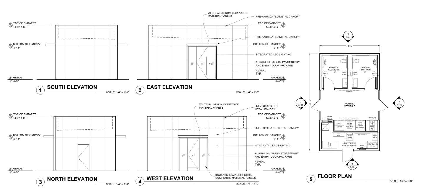Exterior elevations of Tesla’s micro-amenity building