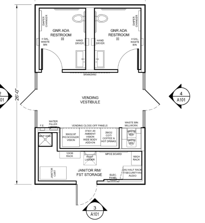 Floor plan of Tesla’s micro-amenity building showing two restrooms and a vending vestibule