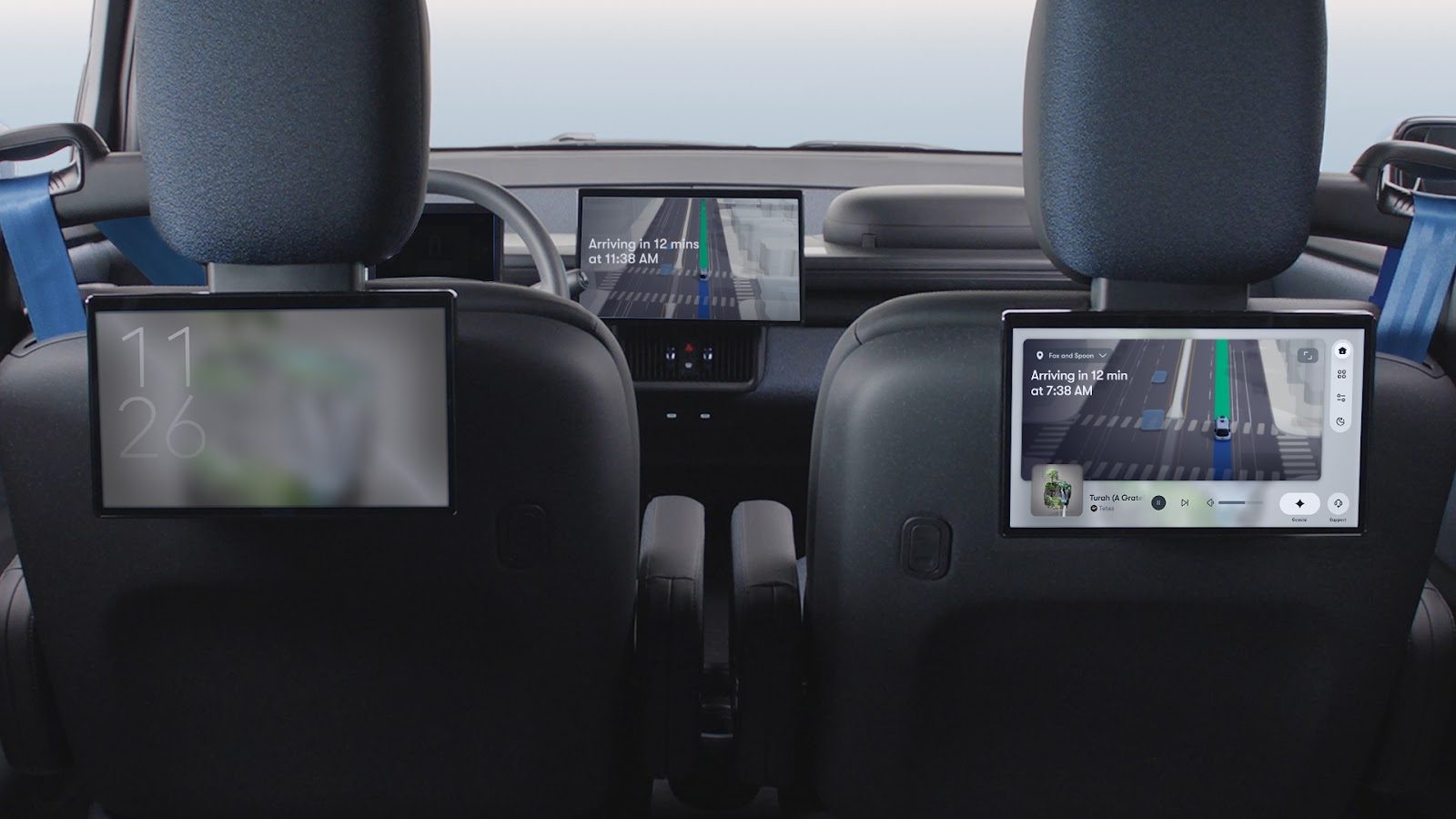 Waymo Ojai interior with three adaptive rear-seat screens