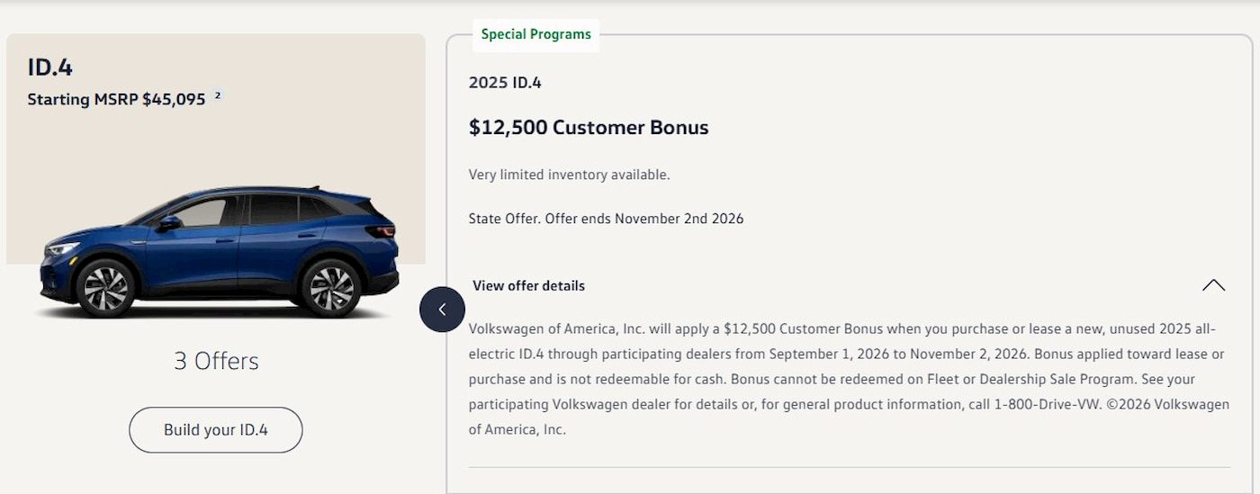 Volkswagen clears out 2025 ID.4 EVs with $12,500 discount as model is phased out