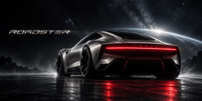 Concept render of a Cyber-style Tesla Roadster with Roadster badging, rear view