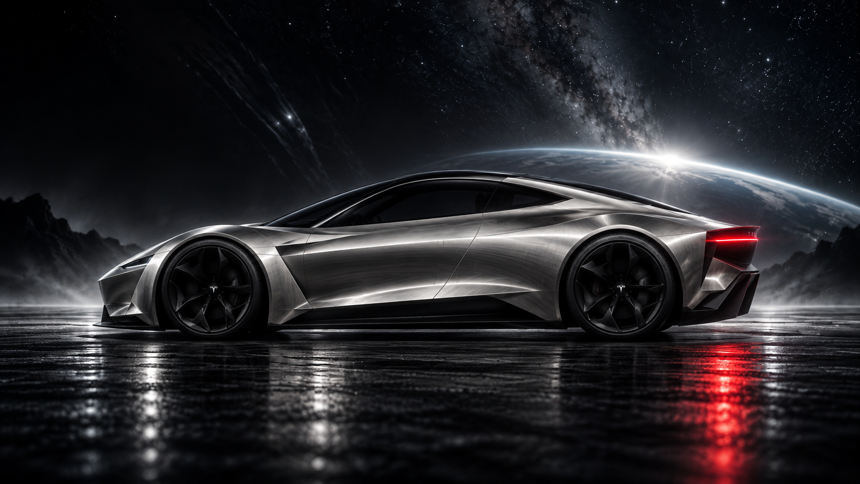 Concept render of a Tesla Roadster redesigned with Cyber-style angular bodywork, side profile