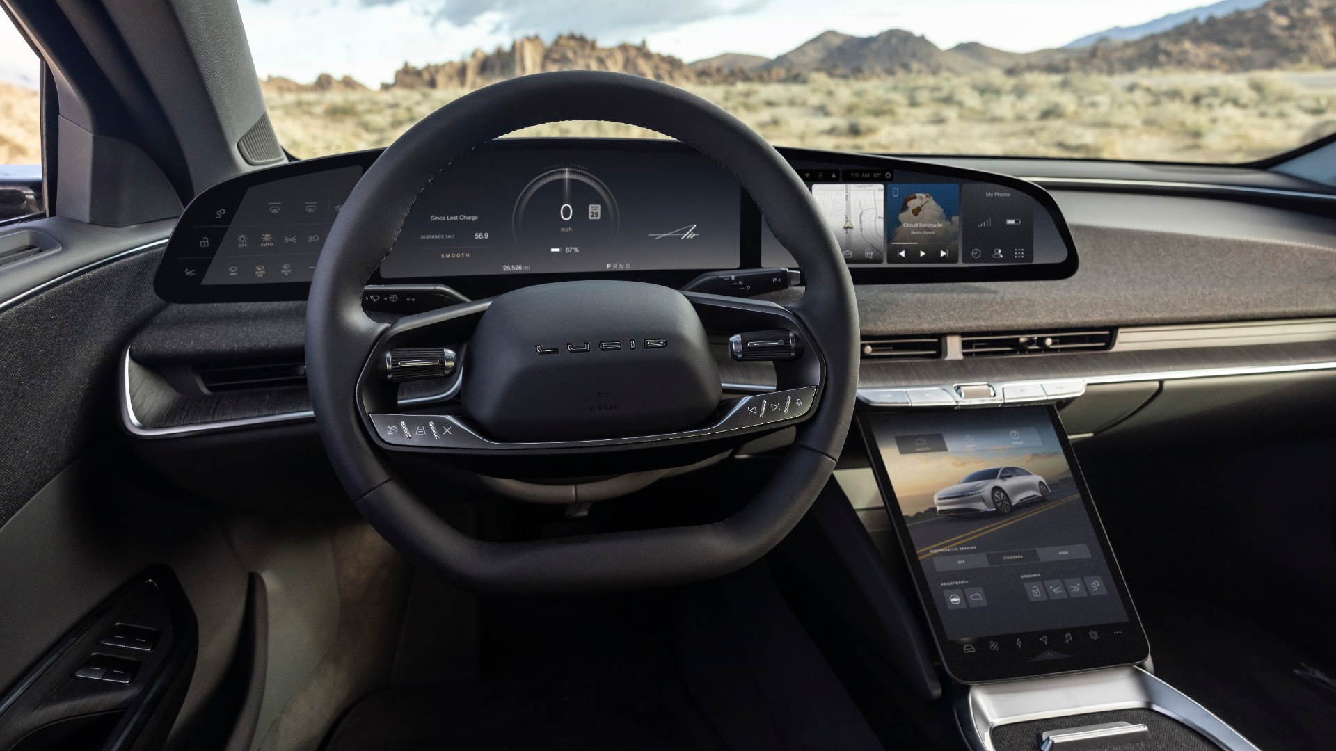 Lucid Air interior with Air UX 3.0 on the Cockpit Panel and Pilot Panel
