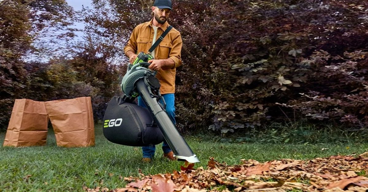 Battery-powered EGO leaf vacuum and mulcher tool used for fall yard cleanup