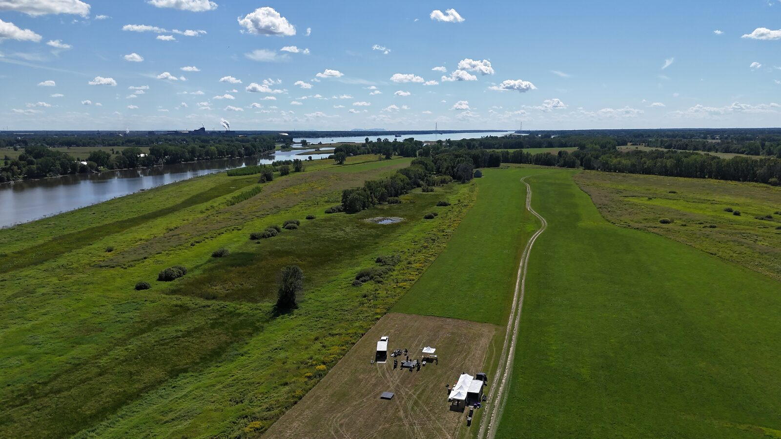 Aerial view of the concert stage setup at Ile-aux-Castors in Berthierville, Quebec