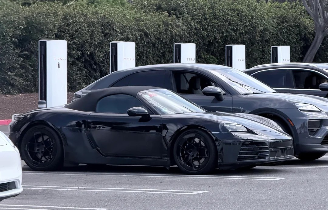 photo of Electric Porsche Boxster spotted plugged in at Tesla Supercharger in California image