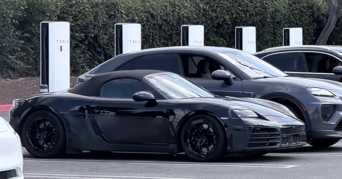 Electric Porsche Boxster spotted charging at Tesla Supercharger in California