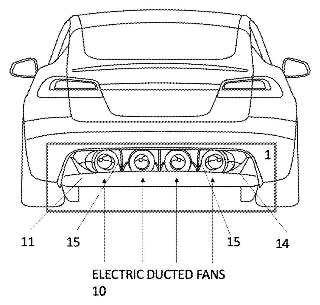 Tesla Electric Fan Car patent FIG. 2 rear view of a Model S with four electric ducted fans in the rear diffuser