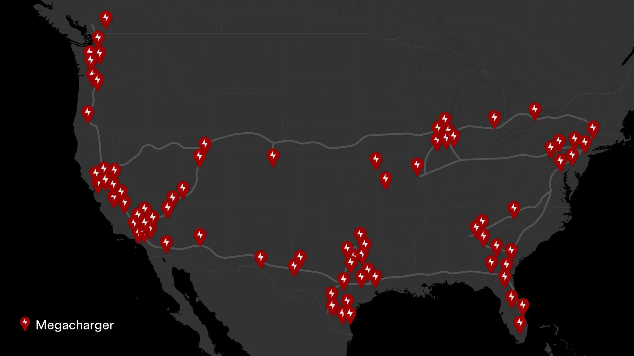 Tesla Megacharger network map for Tesla Semi