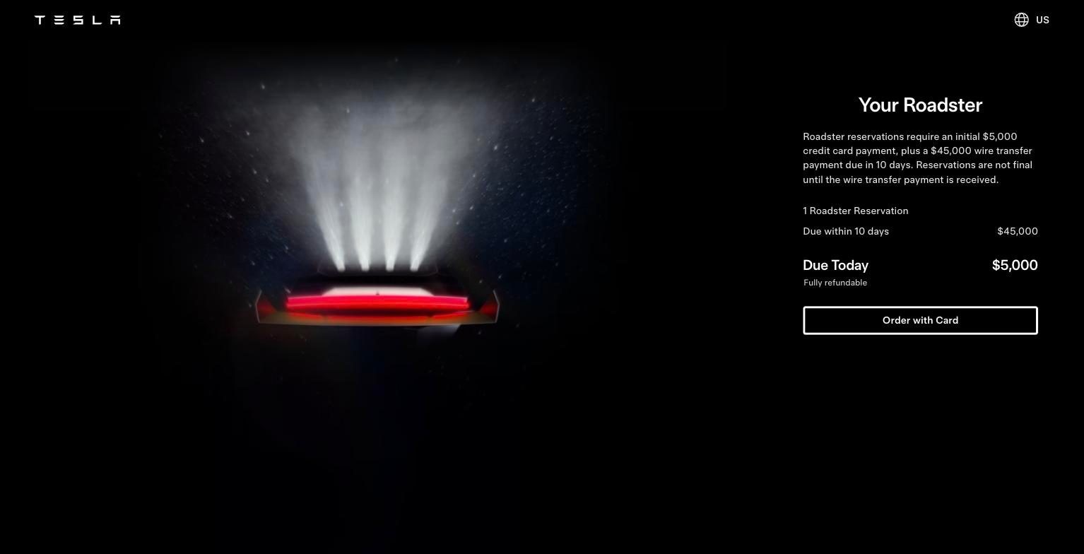 Tesla Roadster reservation page showing a $50,000 deposit