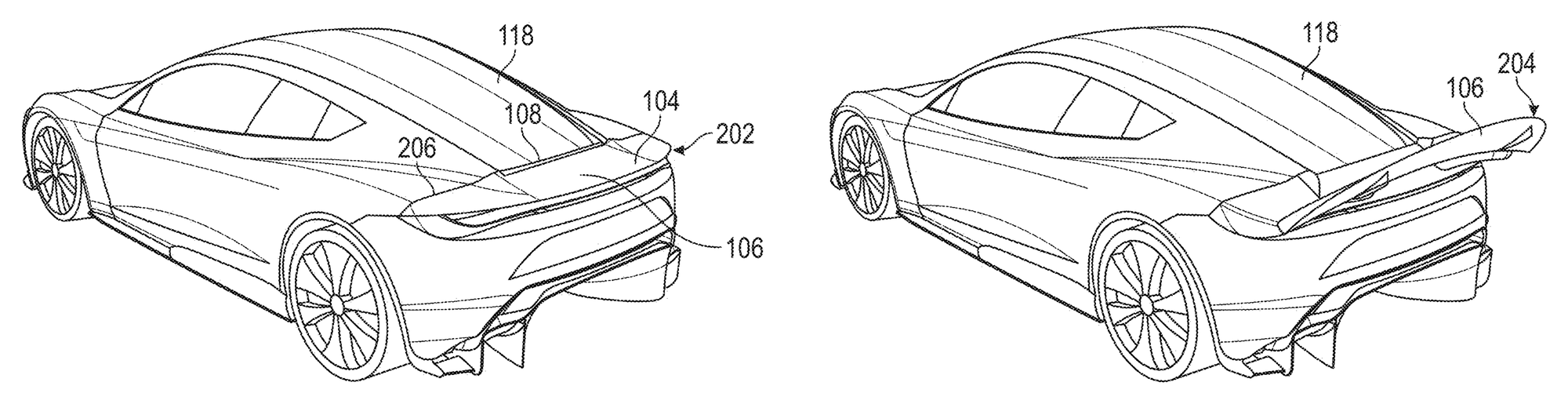 Tesla rear wing patent FIG. 2A and 2B Roadster-like car stowed and deployed