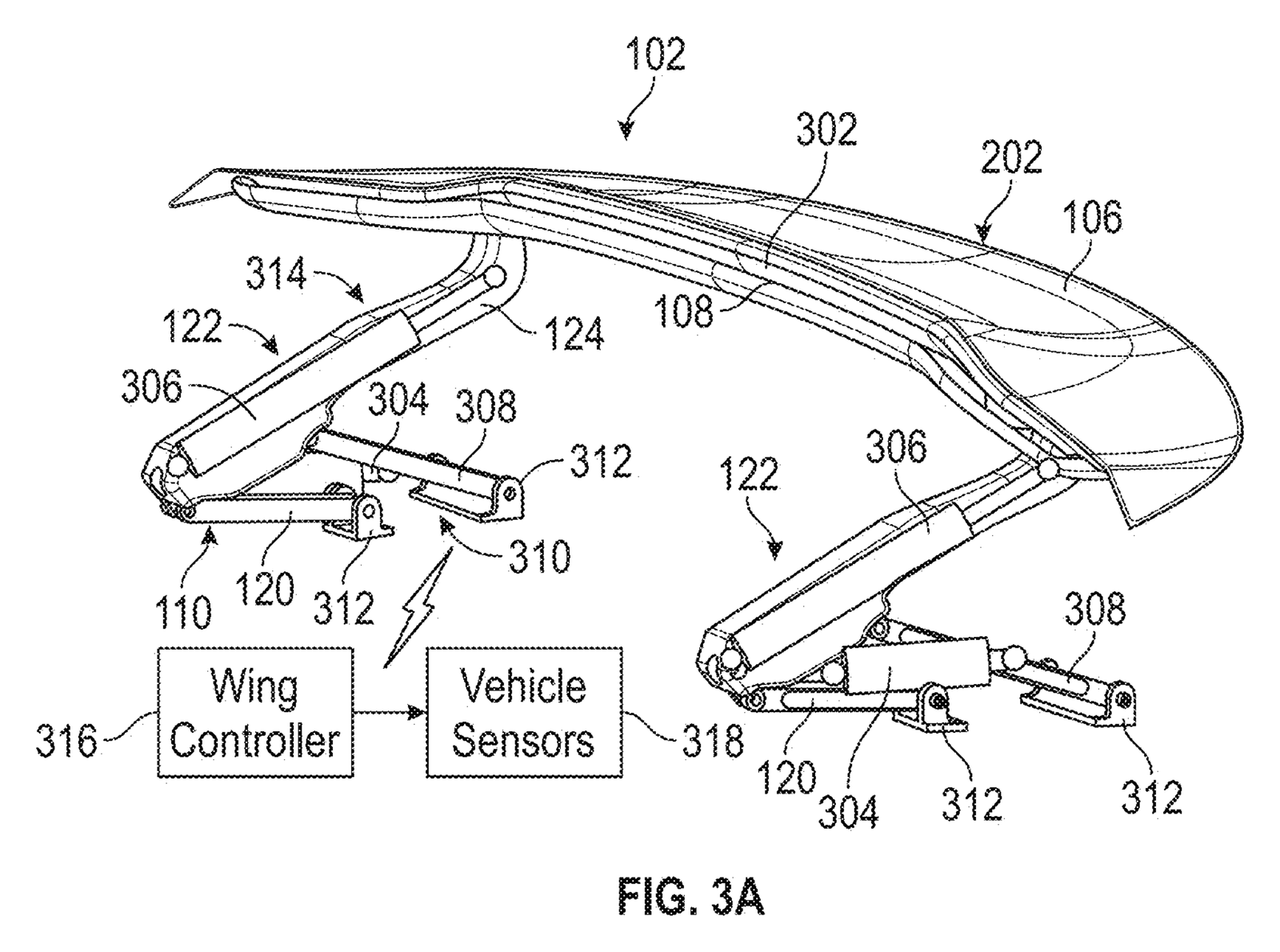 Tesla rear wing patent FIG. 3A four-bar linkage and wing controller