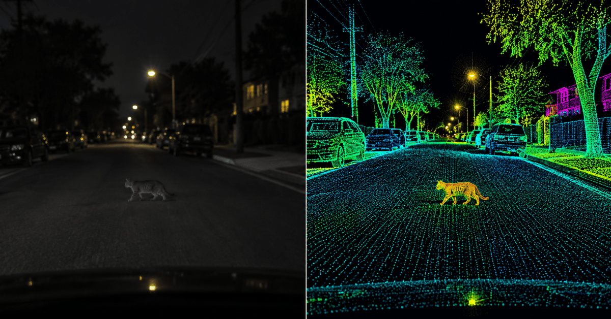 Tesla Robotaxi driving on a city street at night
