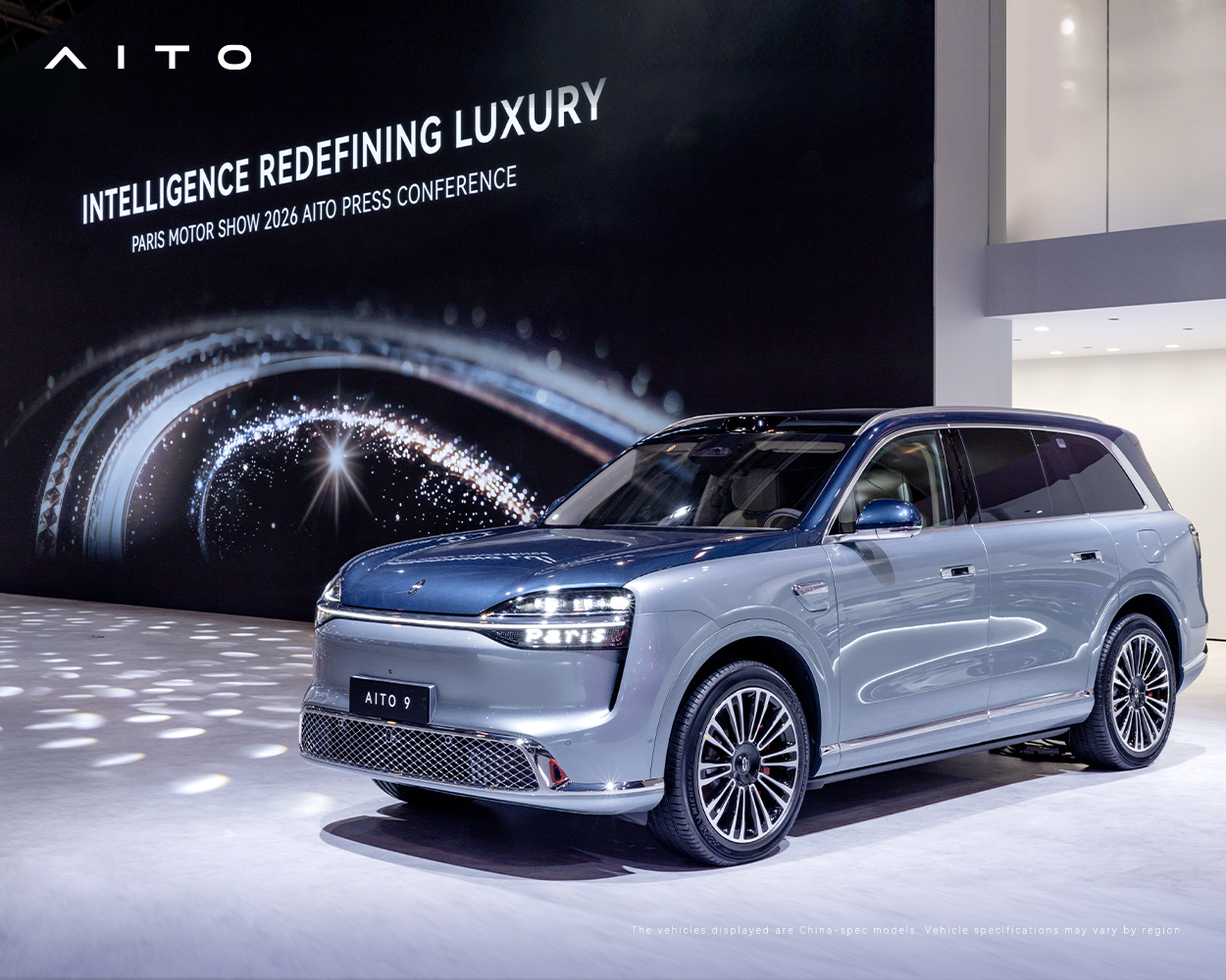 AITO 9 full-size electric SUV on display at the 2026 Paris Motor Show