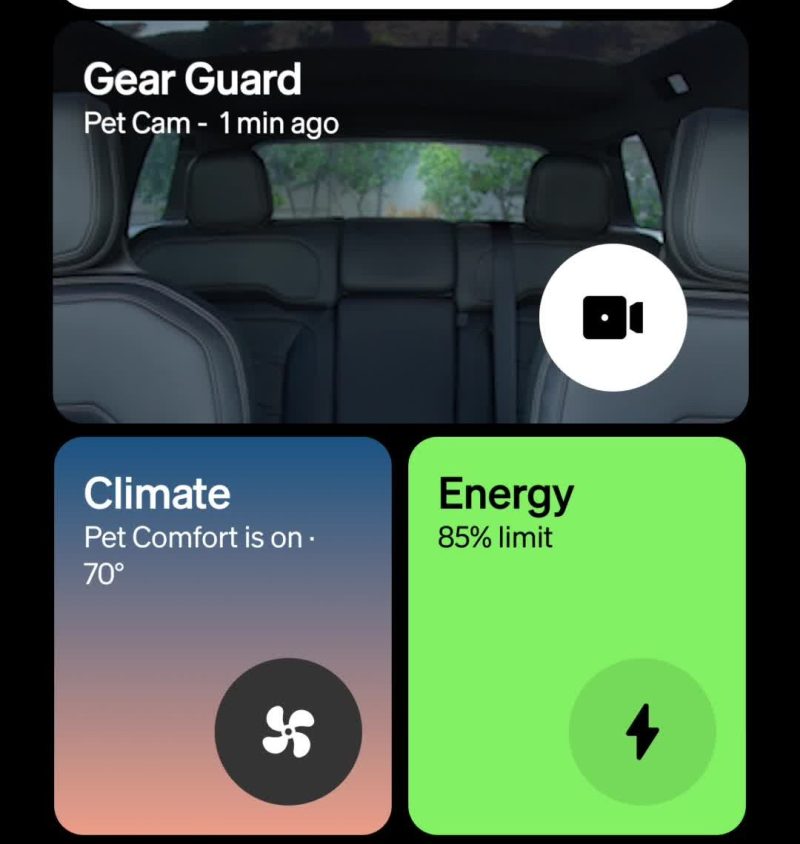 Rivian app dashboard showing the Gear Guard Pet Cam tile and a Pet Comfort climate tile