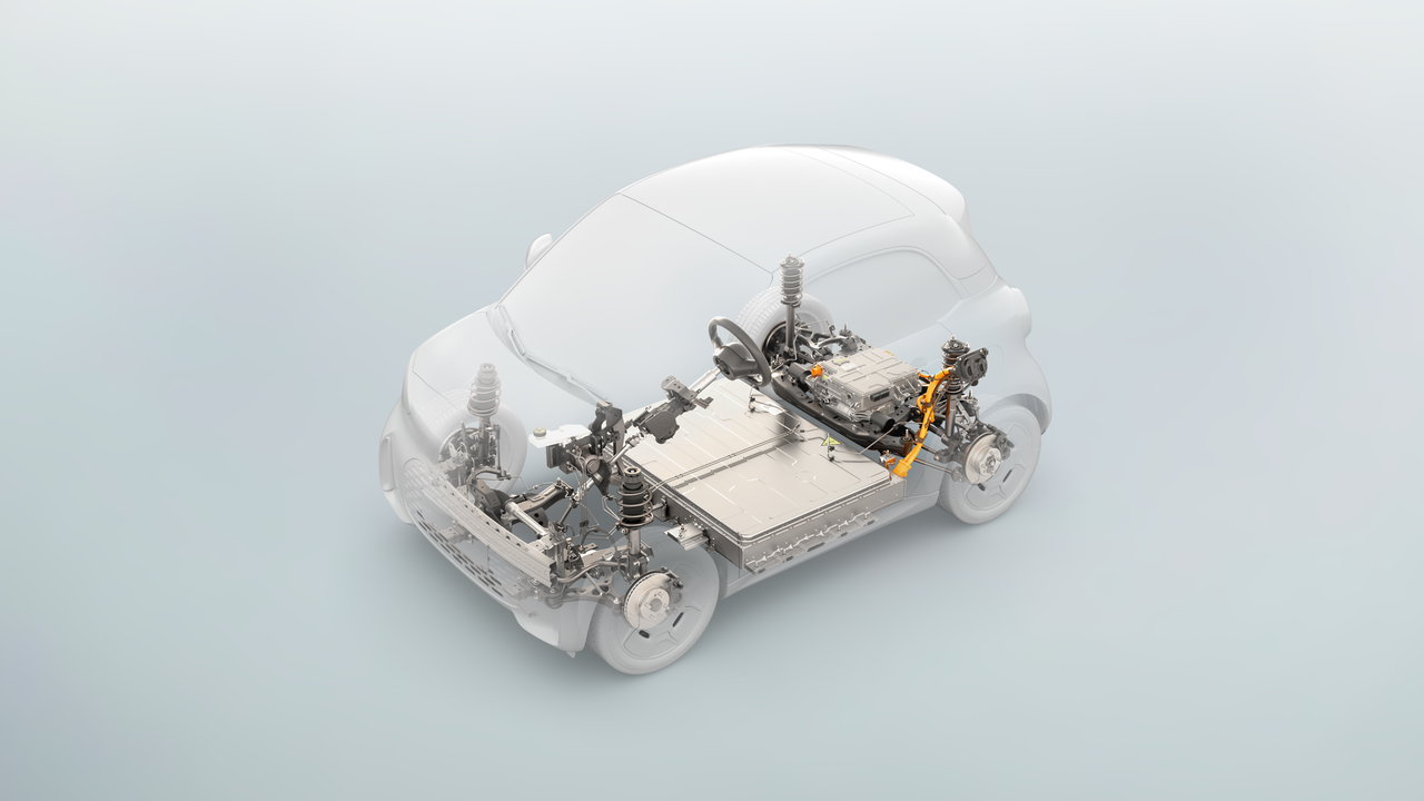 Cutaway render of the Smart #2 Electric Compact Architecture platform with floor battery and rear motor