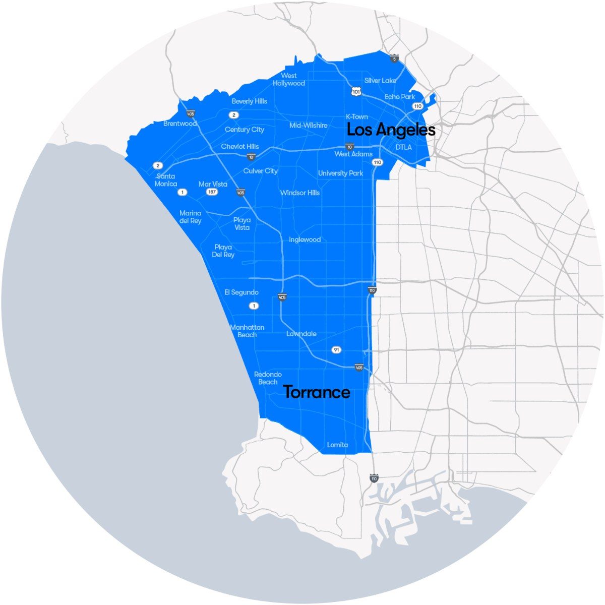 Waymo Los Angeles service area map extending into the South Bay and Torrance