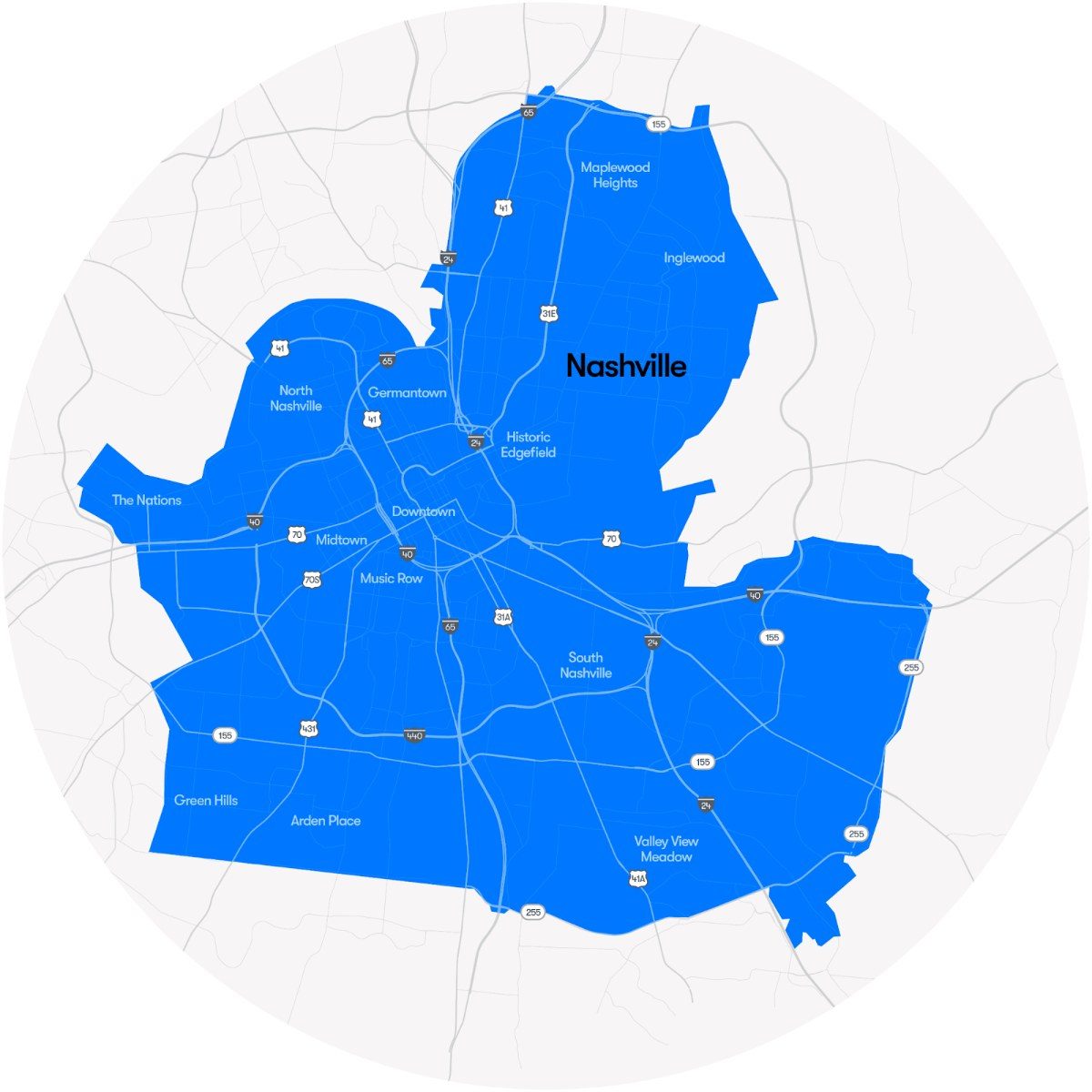 Waymo Nashville service area map extending south