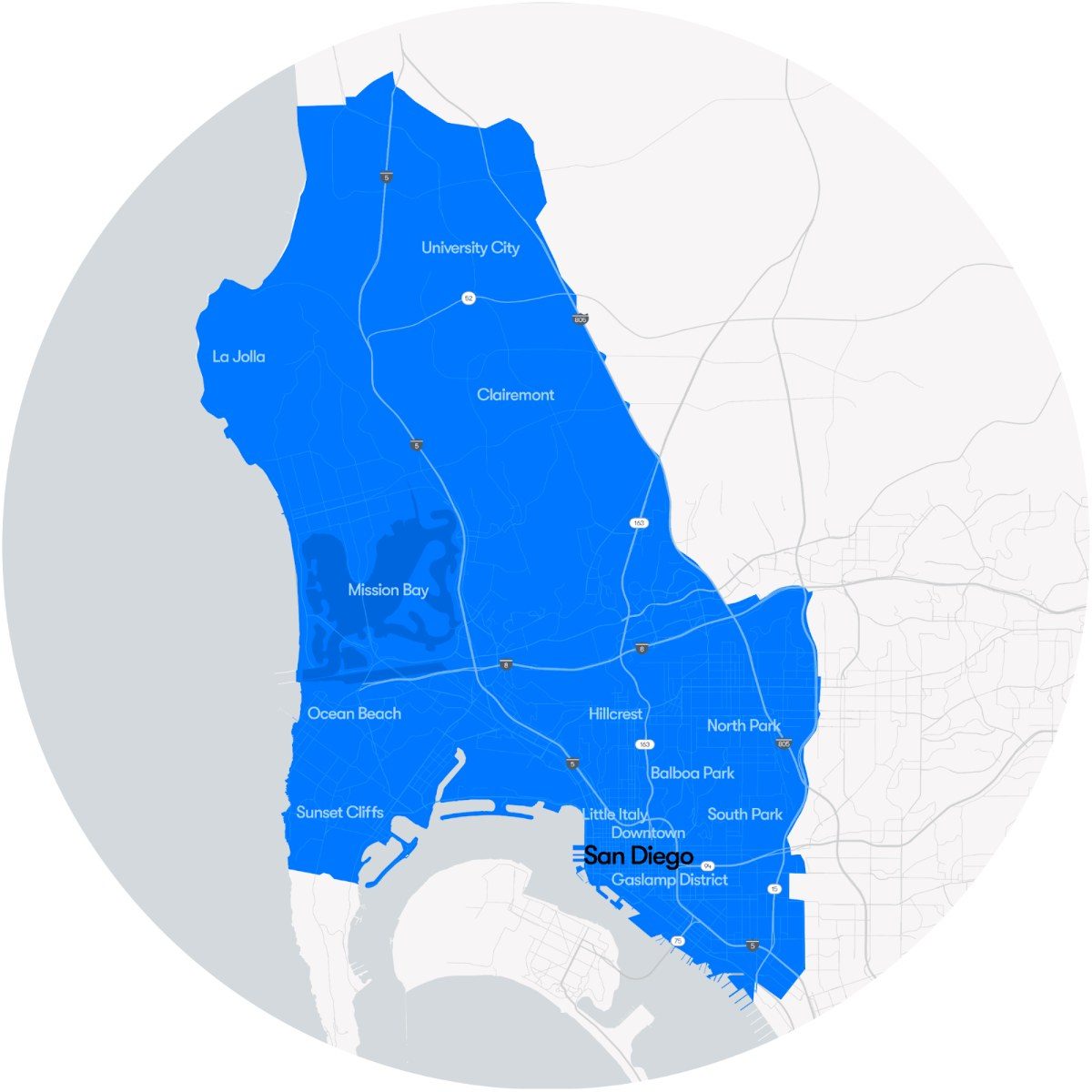 Waymo San Diego service area map extending north to La Jolla